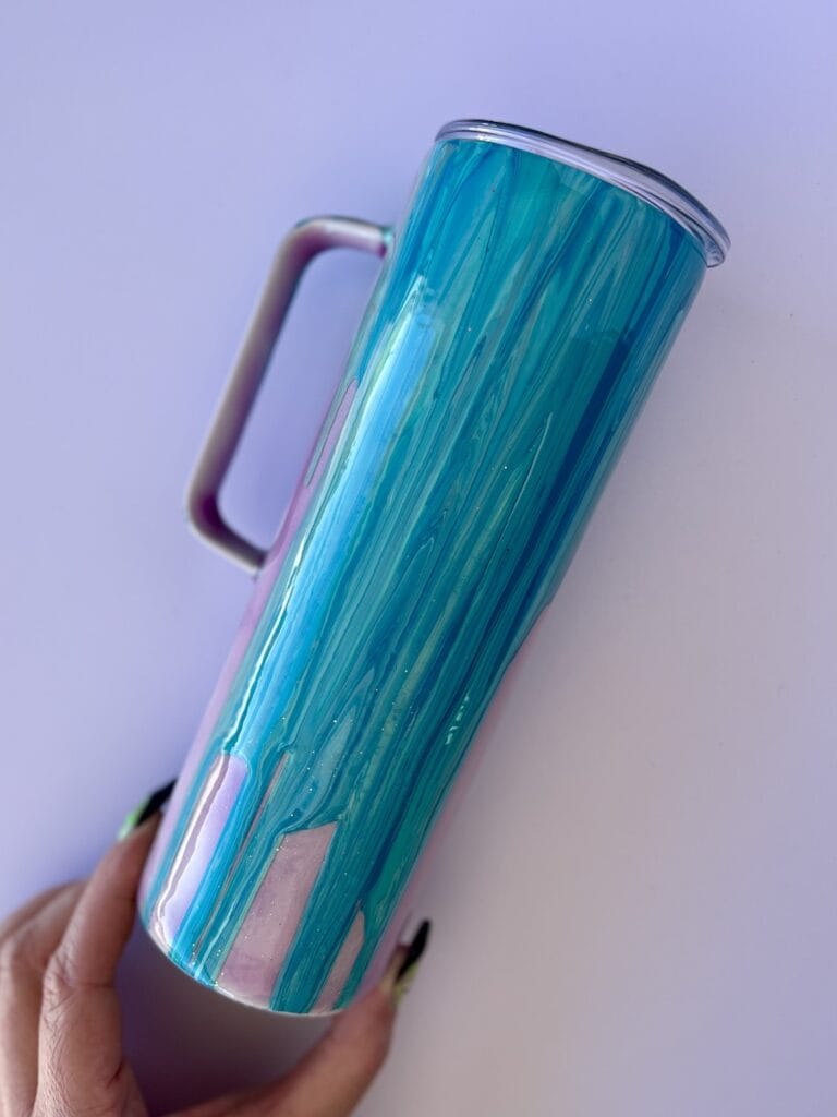 Blue Paint Pour Over Color Changing Purple Tumbler with a Handle