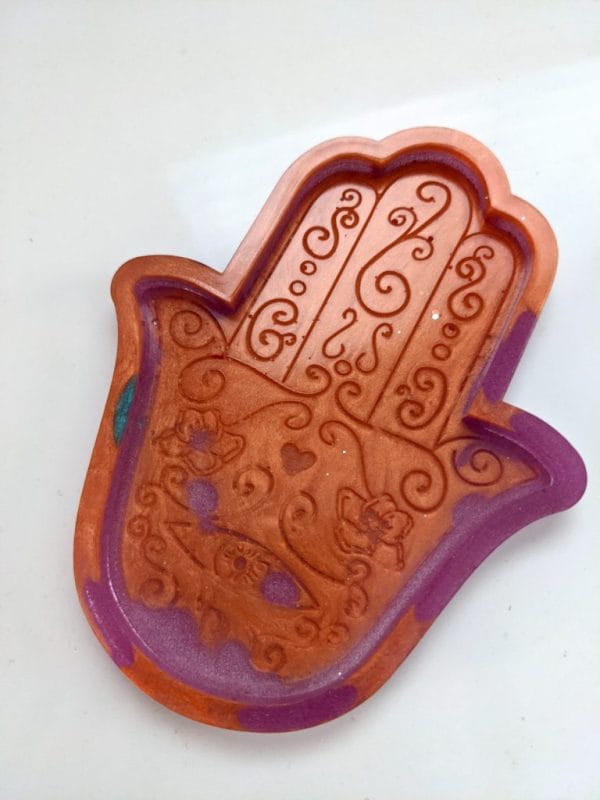 Hamsa Hand tray in orange and pink
