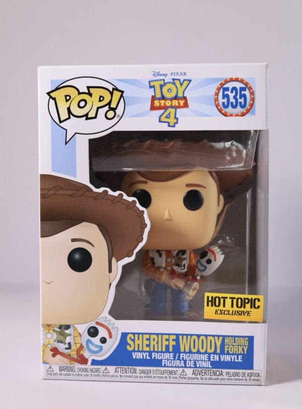 sheriff woody holding forky funko pop!